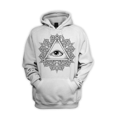 All Seeing Eye in Triangle Mandala Design Tattoo Hipster Men's Pouch Pocket Hoodie Hooded Sweatshirt Large / White