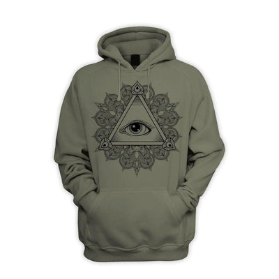 All Seeing Eye in Triangle Mandala Design Tattoo Hipster Men's Pouch Pocket Hoodie Hooded Sweatshirt Large / Khaki