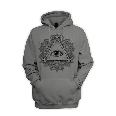 All Seeing Eye in Triangle Mandala Design Tattoo Hipster Men's Pouch Pocket Hoodie Hooded Sweatshirt Large / Charcoal Grey