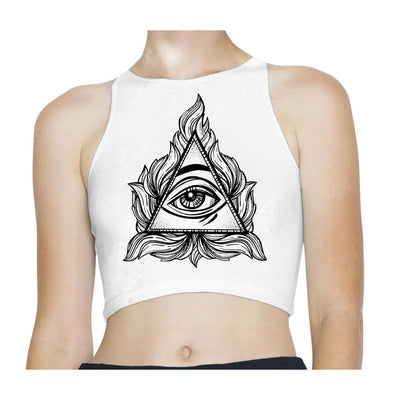 All Seeing Eye Triangle Illuminati Sleeveless High Neck Crop Top M / White