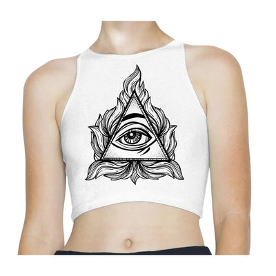 All Seeing Eye Triangle Illuminati Sleeveless High Neck Crop Top M / White