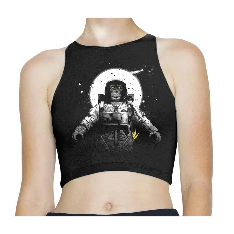 Astronaut Monkey Sleeveless High Neck Crop Top XS / Black