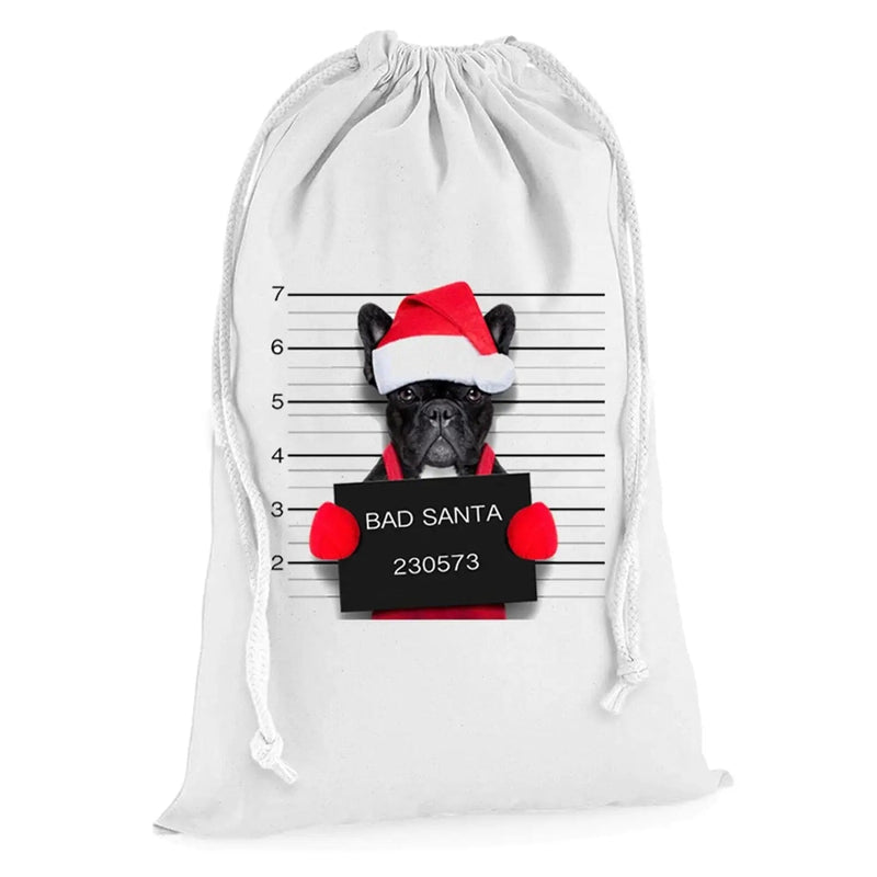 Bad Santa Claus Pug Dog Christmas Presents Stocking Drawstring Sack