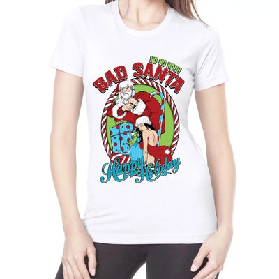 Bad Santa Happy Holidays Bah Humbug Christmas Women's T-Shirt L