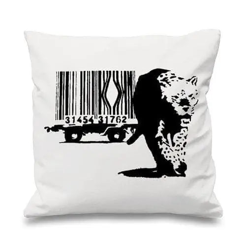 Banksy Barcode Leopard Cushion White