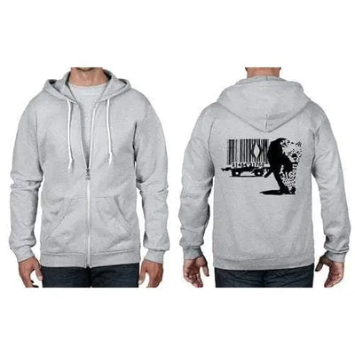 Banksy Barcode Leopard Full Zip Hoodie XL / Light Grey