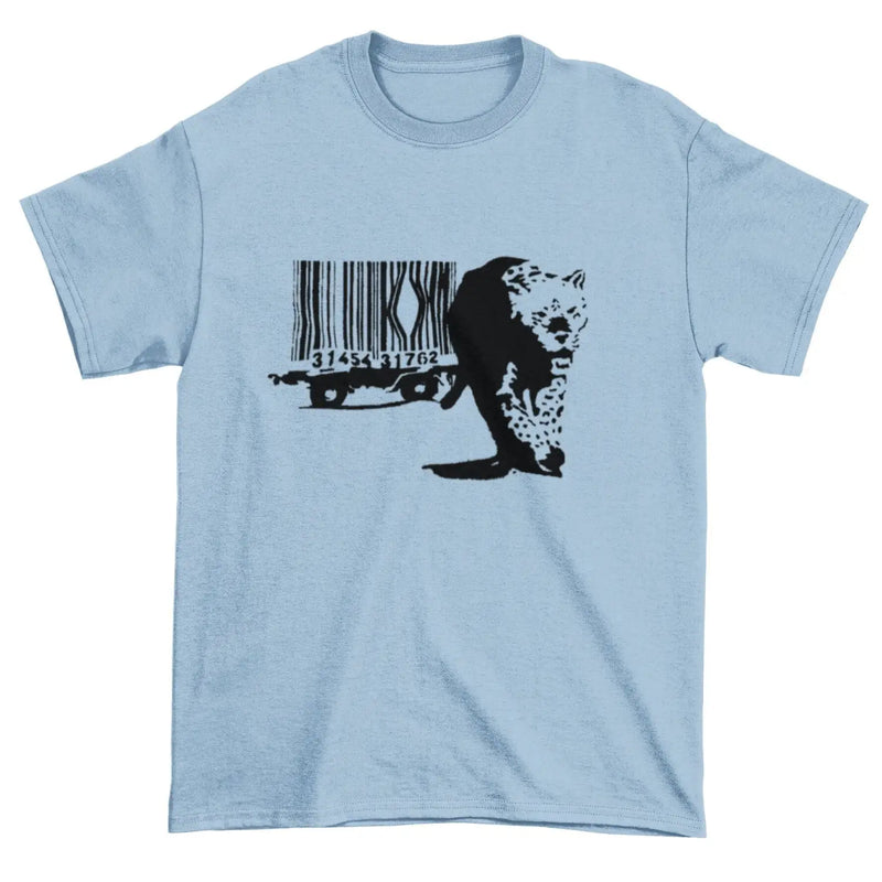 Banksy Barcode Leopard Mens T-Shirt S / Light Blue