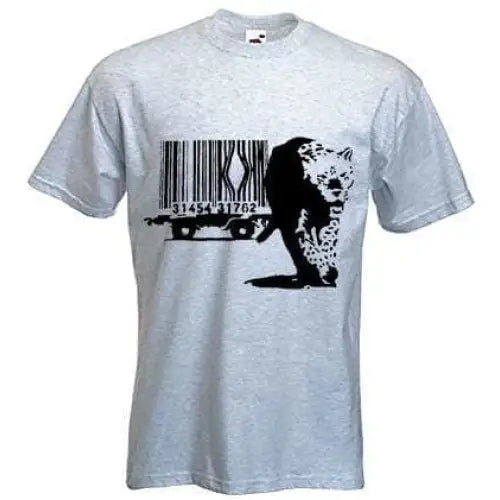 Banksy Barcode Leopard Mens T-Shirt S / Light Grey