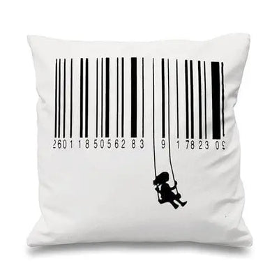 Banksy Barcode Swing Girl Cushion White