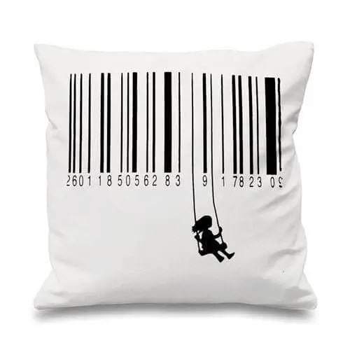 Banksy Barcode Swing Girl Cushion White