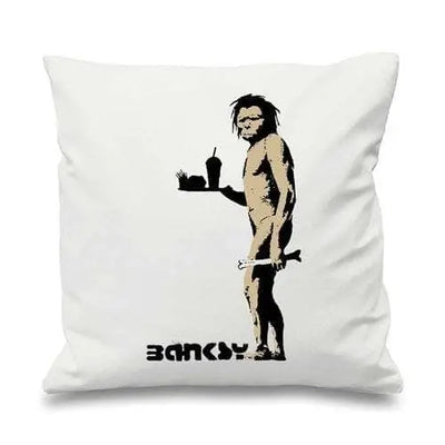 Banksy Fast Food Caveman Cushion White