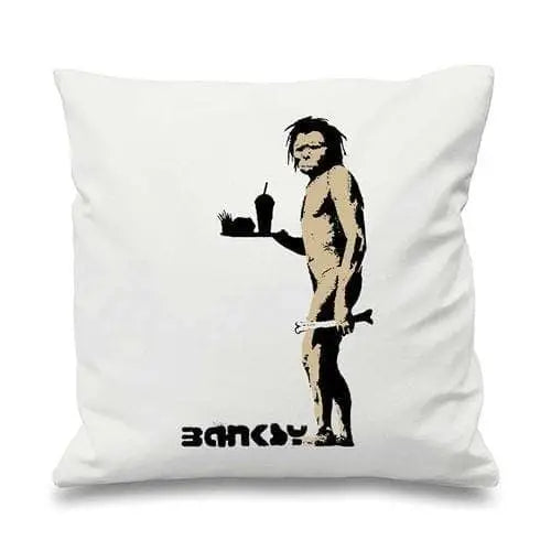 Banksy Fast Food Caveman Cushion White