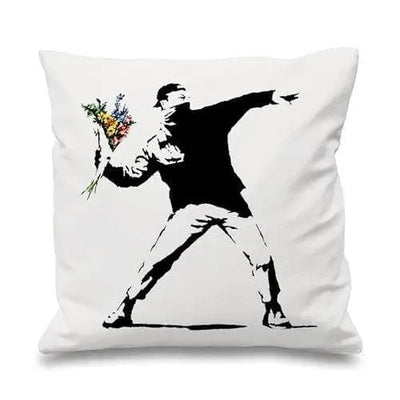 Banksy Flower Thrower Cushion White