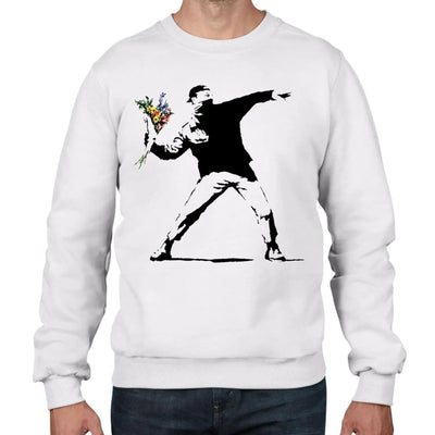 Banksy Flower Thrower Graffiti Men's Sweatshirt Jumper M / White
