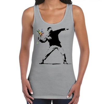 Banksy Flower Thrower Women's Tank Vest Top XXL / Light Grey