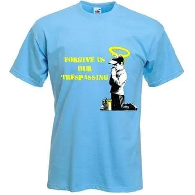 Banksy Forgive Us Our Trespassing Mens T-Shirt XL / Light Blue