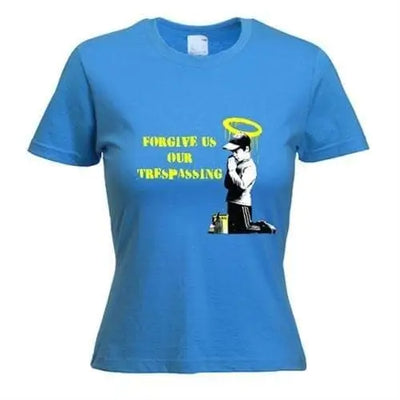 Banksy Forgive Us Our Trespassing Womens T-Shirt XL / Blue