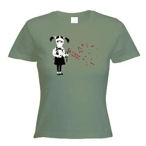 Banksy Gas Mask Girl Ladies T-Shirt M / Khaki