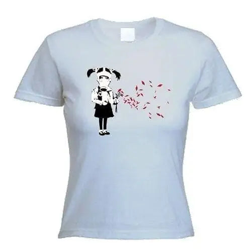 Banksy Gas Mask Girl Ladies T-Shirt M / Light Grey