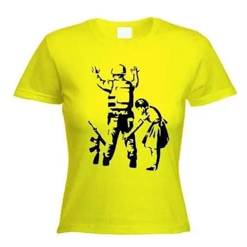Banksy Girl Frisks Soldier Ladies T-Shirt XL / Yellow