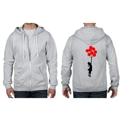 Banksy Girl With Balloons Full Zip Hoodie M / Heather Grey