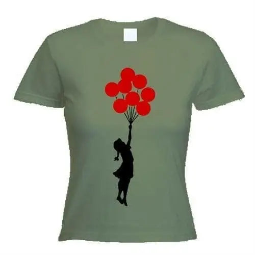 Banksy Girl With Red Balloons Ladies T-Shirt XL / Khaki