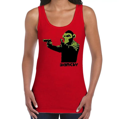 Banksy Gun Monkey Women's Tank Vest Top S / Red