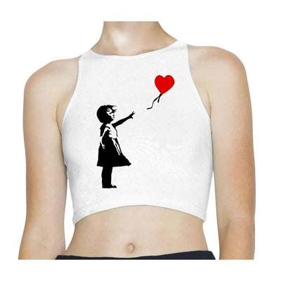 Banksy Heart Balloon Girl Sleeveless High Neck Crop Top M / White