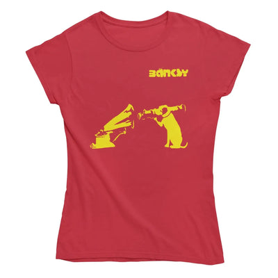 Banksy HMV Dog Ladies T-Shirt - S / Red - Womens T-Shirt