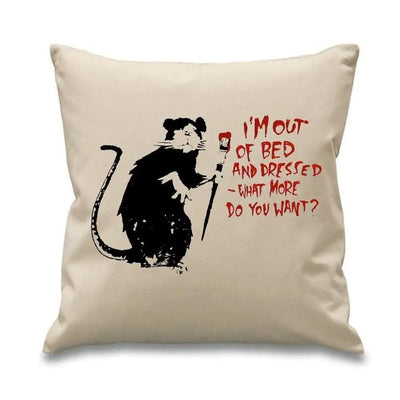 Banksy I'm Out Of Bed And Dressed Rat Cushion Cream