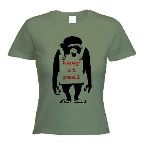 Banksy Keep It Real Monkey Ladies T-Shirt M / Khaki
