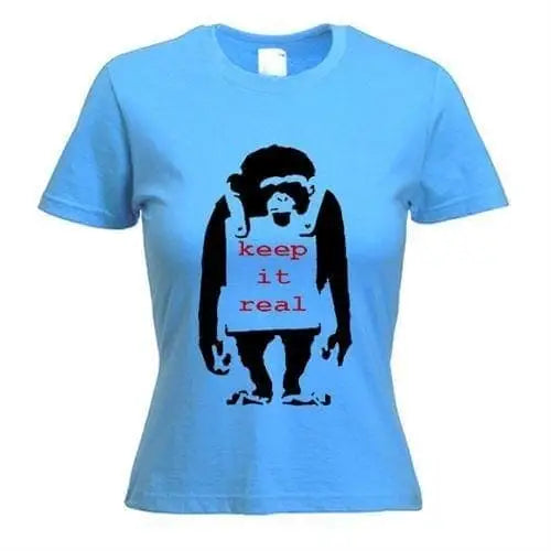 Banksy Keep It Real Monkey Ladies T-Shirt M / Light Blue