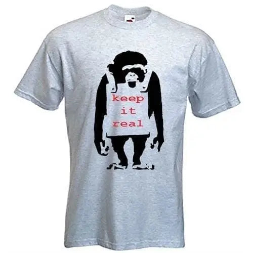 Banksy Keep It Real Monkey Mens T-Shirt XL / Light Grey