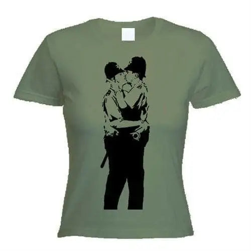 Banksy Kissing Coppers Ladies T-Shirt XL / Khaki