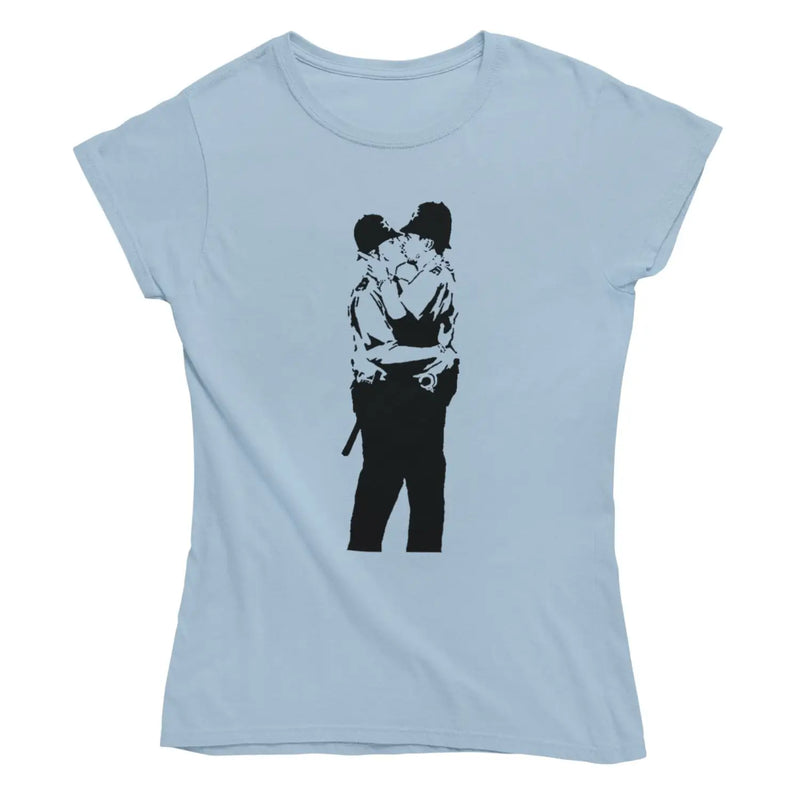 Banksy Kissing Coppers Ladies T-Shirt XL / Light Blue