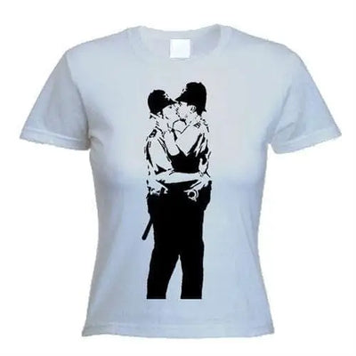 Banksy Kissing Coppers Ladies T-Shirt XL / Light Grey