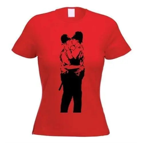 Banksy Kissing Coppers Ladies T-Shirt XL / Red