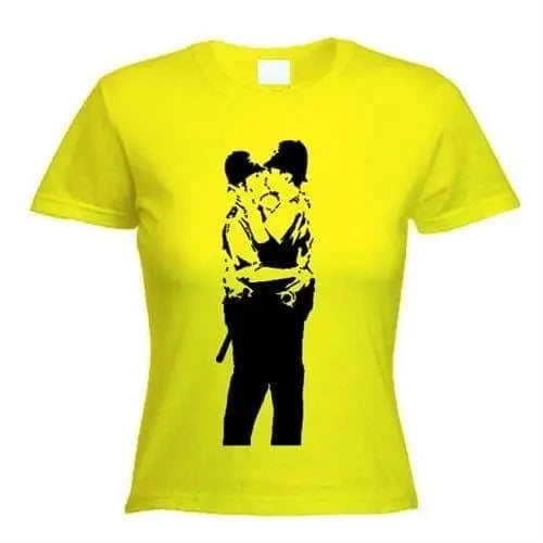 Banksy Kissing Coppers Ladies T-Shirt XL / Yellow