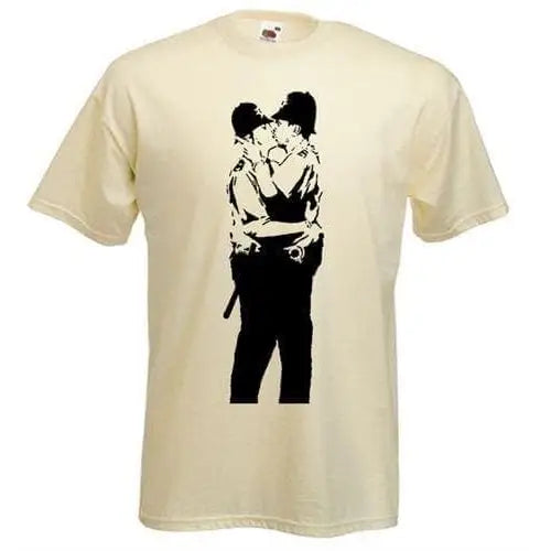 Banksy Kissing Coppers Mens T-Shirt XL / Cream