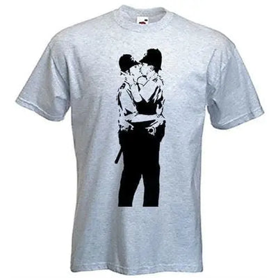 Banksy Kissing Coppers Mens T-Shirt XL / Light Grey