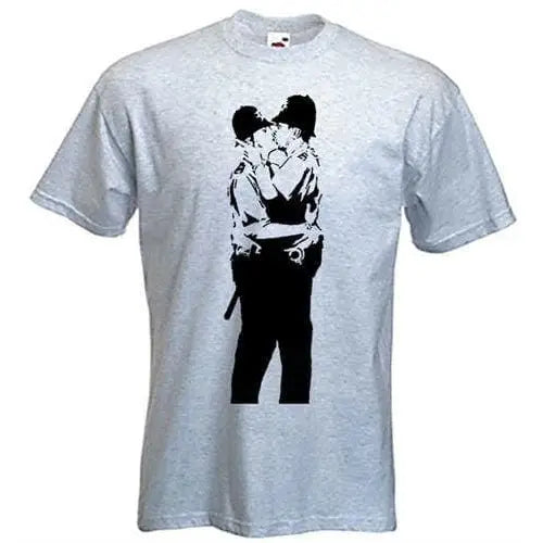 Banksy Kissing Coppers Mens T-Shirt XL / Light Grey