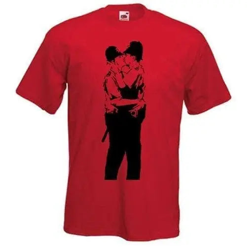 Banksy Kissing Coppers Mens T-Shirt XL / Red