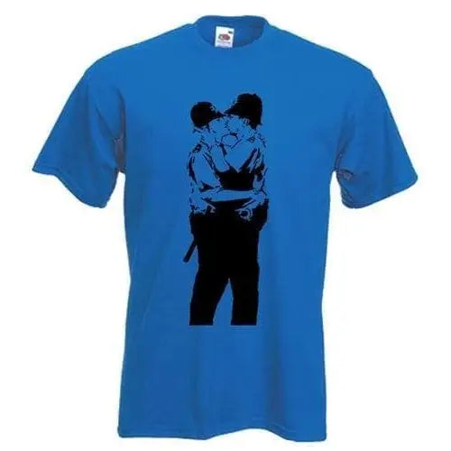 Banksy Kissing Coppers Mens T-Shirt XL / Royal Blue