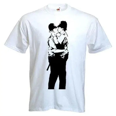 Banksy Kissing Coppers Mens T-Shirt XL / White