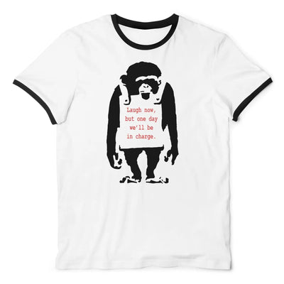 Banksy Laugh Now Monkey Contrast Ringer T-Shirt L