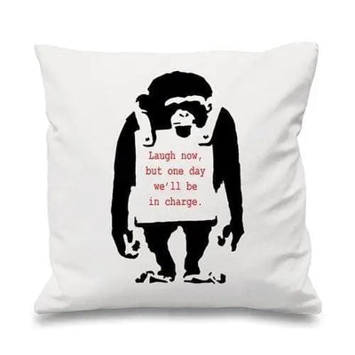 Banksy Laugh Now Monkey Cushion White