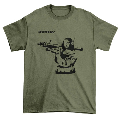 Banksy Mona Lisa With Bazooka Mens T-Shirt S / Khaki