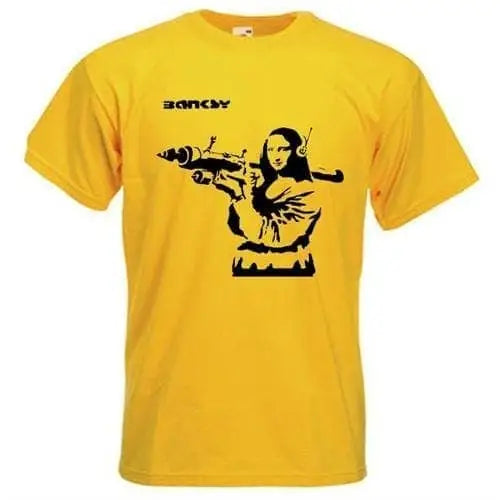 Banksy Mona Lisa With Bazooka Mens T-Shirt S / Yellow