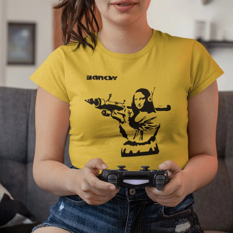 Banksy Mona Lisa With Bazooka Womens T-Shirt