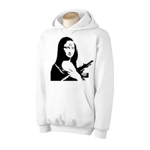 Banksy Mona Lisa With Machine Gun Hoodie M / White